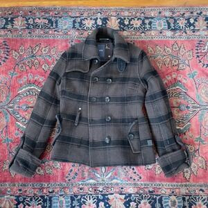 G-Star Raw 3301 Womens Brown Plaid Wool Pea Coat Jacket S Double Breasted Y2K